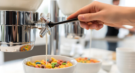 Hand pouring milk into a bowl of colorful cereal from a buffet dispenser