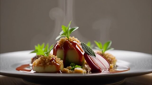 Gourmet Delicacy: A culinary masterpiece graces a pristine plate, where expertly crafted ingredients harmonize in a symphony of flavors and textures, presenting an exquisite dining experience.