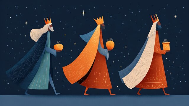 Three kings day 2025 celebration with gifts under starry night sky