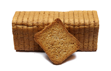 Pile rusks with wholewheat flour, sliced whole wheat dry rusk bread isolated on white background, side view