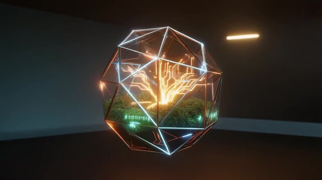A glowing, futuristic terrarium with circuit-board tree and neon geometric design