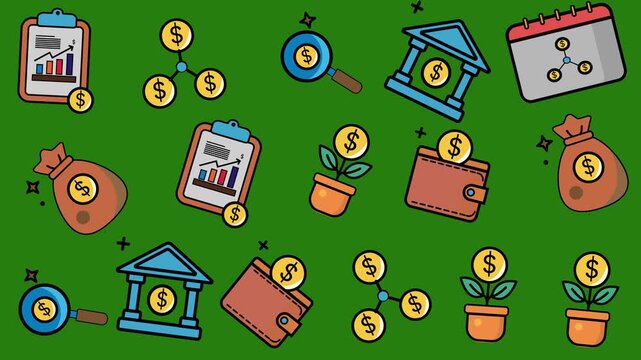 Seamless finance icons for presentations, websites, or social media posts. Money bags, charts, and infographic elements for professional design.