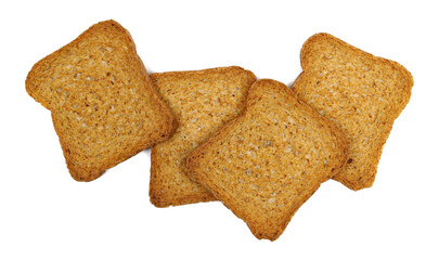 Pile rusks with wholewheat flour, sliced whole wheat dry bread isolated on white background