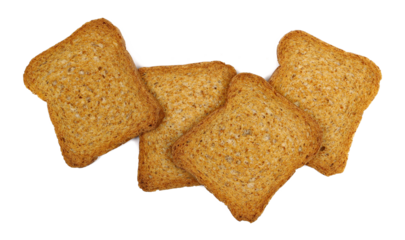 Pile rusks with wholewheat flour, sliced whole wheat dry bread isolated on white background