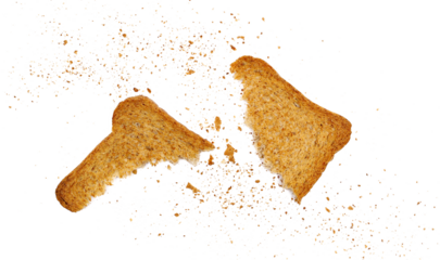 Broken rusks with wholewheat flour, pieces whole wheat dry bread with crumbs isolated on white background, top view