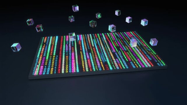 Neon-lit data streams with floating cubes in a dark space, illustrating digital connectivity