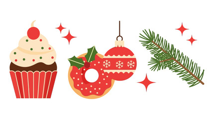 Festive holiday treats and decorations, including a cupcake, donut ornament, and pine branch, perfect for Christmas and winter celebrations