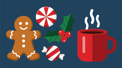 Festive holiday treats including a gingerbread man, peppermint candies, holly sprig, and a steaming mug of hot cocoa on a dark blue background, perfect for seasonal celebrations and winter promotions