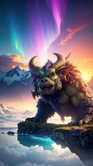 Mystical Creature Under Aurora Borealis - Fantasy Landscape