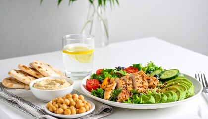 Healthy Mediterranean Meal: Grilled Chicken Salad with Quinoa, Avocado, Hummus, Pita, Chickpeas, and Lemon Water on a White Table