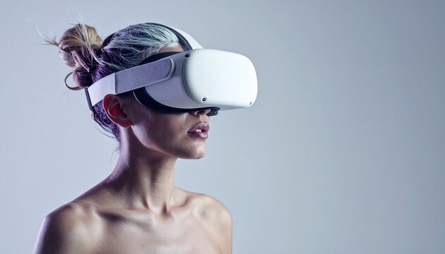 Young woman wearing modern white VR headset, experiencing virtual reality on a light studio background, focusing on future technology.