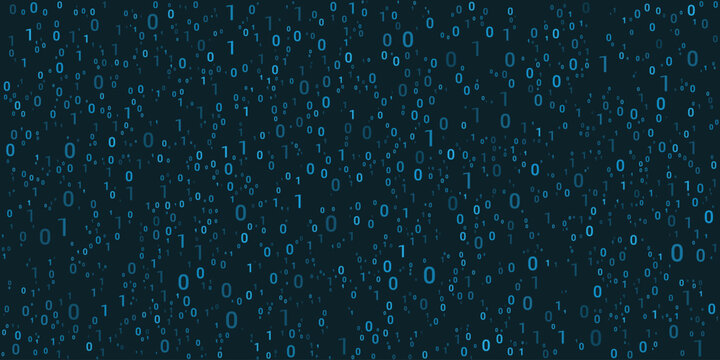 Digital binary code streams with glowing blue digits on a dark background