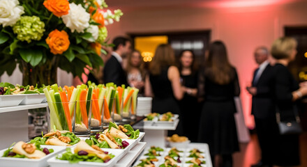 Elegant Buffet Spread with Fresh Appetizers and People Mingling at a Social Event