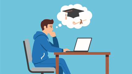 Student thinking about graduation while studying on a laptop with a diploma and graduation cap in thought bubble