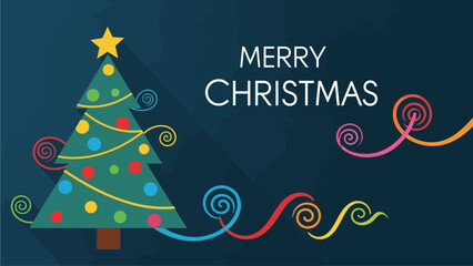 Festive Christmas Tree Illustration with Swirls and Stars Wishing Merry Christmas