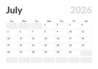 Monthly page Calendar Planner Template design of July 2026. Vector layout of calendar with week start Sunday for Scheduling. Page for size A4 or 21x29.7 cm