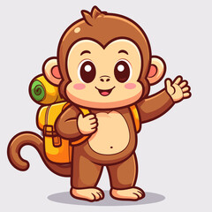 Fototapeta premium Cute monkey hiking with backpack cartoon vector icon illustration animal holiday isolated flat