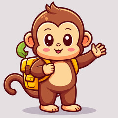 Obraz premium Cute monkey hiking with backpack cartoon vector icon illustration animal holiday isolated flat