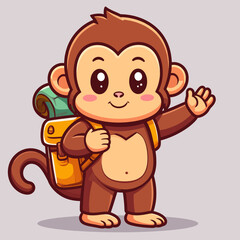 Obraz premium Cute monkey hiking with backpack cartoon vector icon illustration animal holiday isolated flat
