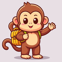 Obraz premium Cute monkey hiking with backpack cartoon vector icon illustration animal holiday isolated flat