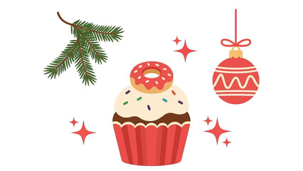 Festive Christmas elements including a decorated cupcake, fir branch, and ornament on a white background