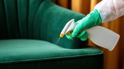 Shot focusing on midlevel view of technician applying ecofriendly cleaning solution on a velvet armchair to restore vibrant color and freshness.