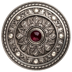 Obraz premium Silver ornament with large central red gemstone on transparent background