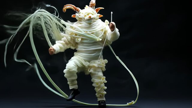 Whimsical Figurine: Intricate Art Toy Sculpture with Flexible Limbs and Mystical Lore Elements in Night Scene