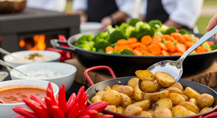 Outdoor Buffet with Roasted Potatoes, Steamed Vegetables, and Dips, Ready for Serving