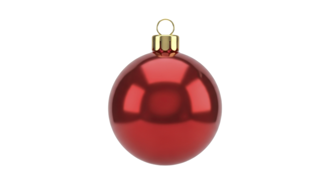 Single red glossy Christmas bauble decoration on a transparent background, PNG file