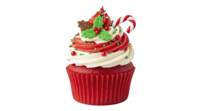 Cupcake with holly and candy cane on a transparent background, PNG image, PNG file