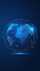 Global Network Connection Abstract Digital World Globe with Connected Dots and Lines on Blue Background