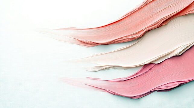 Close-up of three makeup swatches in shades of pink and peach on a white background, creating a soft and artistic look. - Powered by Adobe