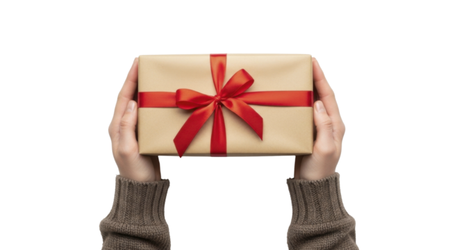 Hands holding a brown kraft paper gift box with a red ribbon bow on a transparent background PNG image