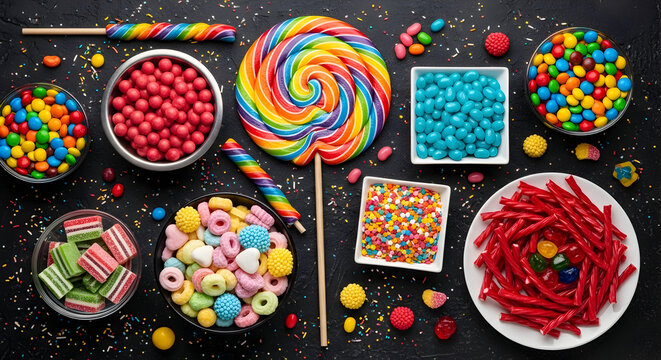 Colorful candy buffet with various sweets and sprinkles arranged on a dark background, top view