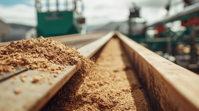 Closeup of poultry manure conveyor feeding bioenergy system designed to recycle chicken farm waste into sustainable electricity onsite.