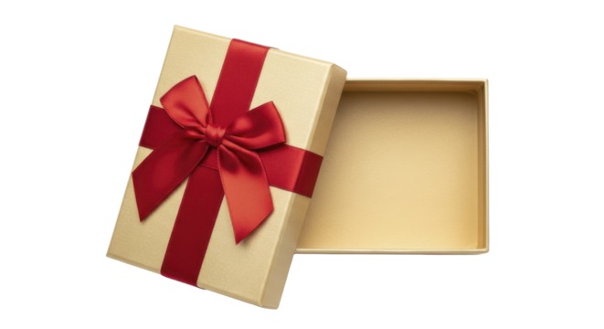 Opened Empty Golden Gift Box Red Ribbon Bow Transparent Background PNG image
