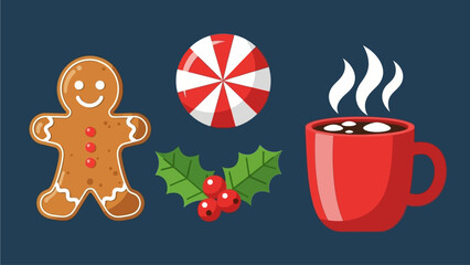 Festive Christmas Icons Gingerbread Man, Peppermint Candy, Holly Berries, and Hot Chocolate Mug