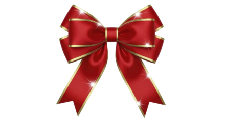  Shiny red ribbon bow with golden trim on a transparent background PNG image