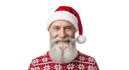 Happy senior man wearing Santa hat and red Christmas sweater with snowflakes smiling on a transparent background PNG image