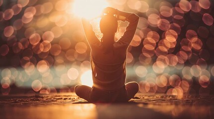 Woman meditating in lotus position at sunset with bokeh lights background