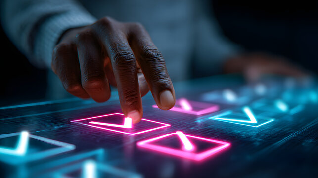 Digital Checklist Concept. A person interacting with a digital checklist featuring neon check marks on a futuristic interface, highlighting tasks and goals in a technologically advanced setting.