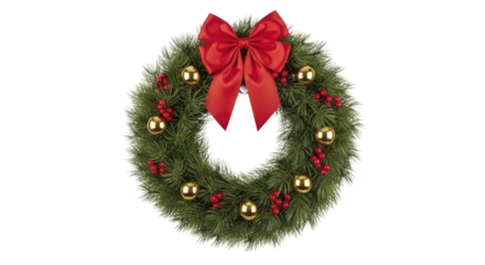 Christmas wreath with red bow, gold baubles on a transparent background PNG file