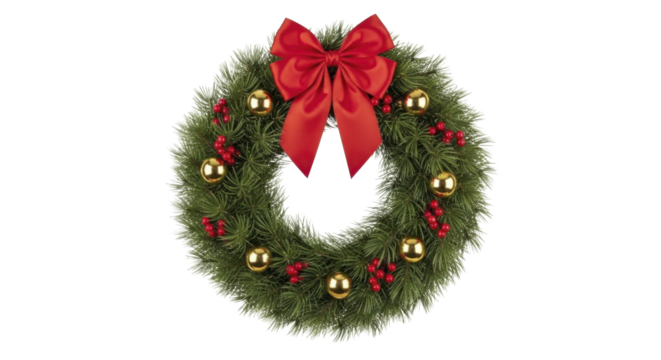 Christmas wreath with red bow, gold baubles on a transparent background PNG file