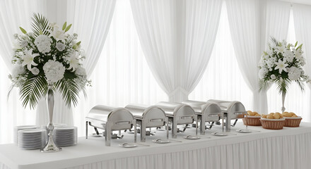 Elegant Wedding Buffet Setup with Chafing Dishes and Floral Arrangements