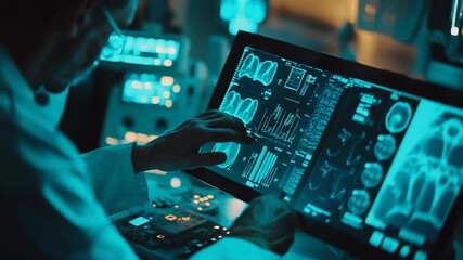 Scientist Analyzing Medical Data on Futuristic Touchscreen Display in High-Tech Laboratory - Powered by Adobe