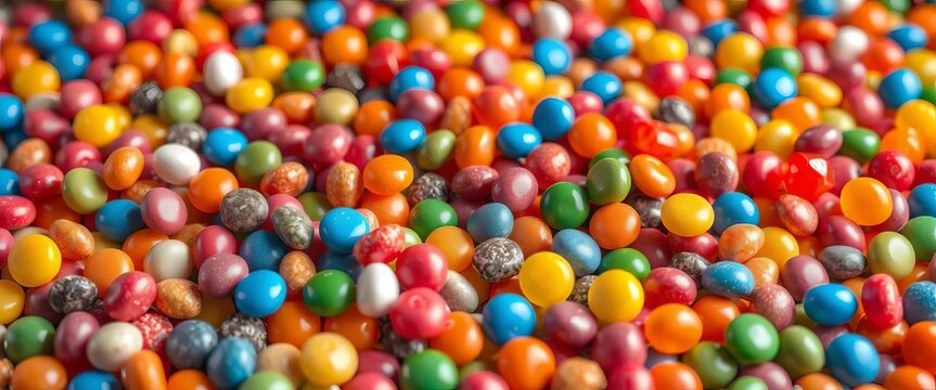 A vibrant background of scattered multicolored candies , studio shot, texture