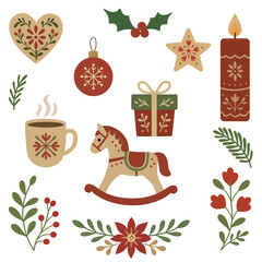 Cute collection of scandinavian Christmas elements design on white background such as rocking horse, coffee cup. Traditional nordic style for celebration.