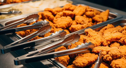 Golden Fried Chicken Buffet Selection with Serving Tongs