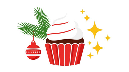 Festive cupcake with Christmas ornament and sparkling stars, a sweet holiday treat